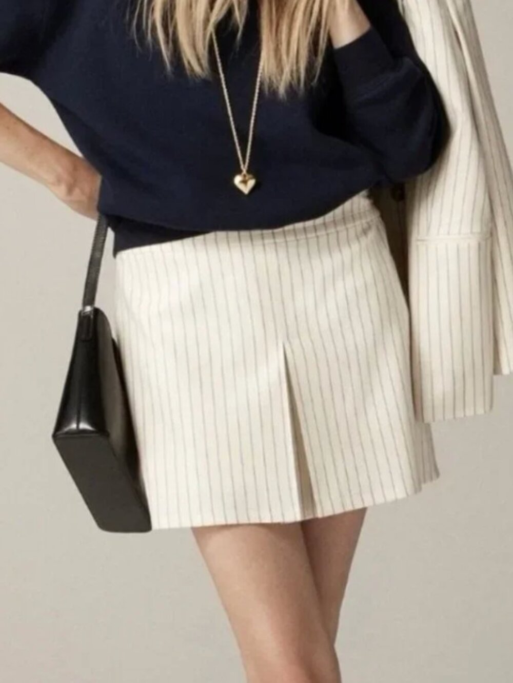 J. Crew Center-Pleat Mini Skirt in Ivory Pinstripe Italian Wool Blend Size 14